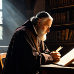 A devout male saintly figure from the Middle Ages, with a look of serene contemplation and deep wisdom. Dressed in modest, historically accurate, and fully clothed clerical robes of deep brown, with appropriate professional dress. Seated at a rustic wooden desk in a dimly lit, ancient monastery library, surrounded by old illuminated manuscripts and parchments. Soft, golden light from a high window cuts through the darkness, illuminating dust motes and highlighting the saint's face, creating a strong sense of spiritual introspection. The atmosphere is quiet and reverent. Perfect anatomy, correct proportions, natural pose, well-formed hands, proper finger count, natural body proportions. Professional photography, cinematic lighting, high detail, masterpiece quality, safe for work, appropriate content, fully clothed, modest and family-friendly.