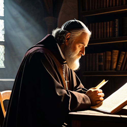 A devout male saintly figure from the Middle Ages, with a look of serene contemplation and deep wisdom. Dressed in modest, historically accurate, and fully clothed clerical robes of deep brown, with appropriate professional dress. Seated at a rustic wooden desk in a dimly lit, ancient monastery library, surrounded by old illuminated manuscripts and parchments. Soft, golden light from a high window cuts through the darkness, illuminating dust motes and highlighting the saint's face, creating a strong sense of spiritual introspection. The atmosphere is quiet and reverent. Perfect anatomy, correct proportions, natural pose, well-formed hands, proper finger count, natural body proportions. Professional photography, cinematic lighting, high detail, masterpiece quality, safe for work, appropriate content, fully clothed, modest and family-friendly.