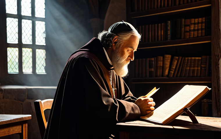 A devout male saintly figure from the Middle Ages, with a look of serene contemplation and deep wisdom. Dressed in modest, historically accurate, and fully clothed clerical robes of deep brown, with appropriate professional dress. Seated at a rustic wooden desk in a dimly lit, ancient monastery library, surrounded by old illuminated manuscripts and parchments. Soft, golden light from a high window cuts through the darkness, illuminating dust motes and highlighting the saint's face, creating a strong sense of spiritual introspection. The atmosphere is quiet and reverent. Perfect anatomy, correct proportions, natural pose, well-formed hands, proper finger count, natural body proportions. Professional photography, cinematic lighting, high detail, masterpiece quality, safe for work, appropriate content, fully clothed, modest and family-friendly.