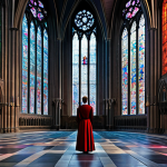 An awe-inspiring view inside a grand Gothic cathedral, featuring soaring, ribbed vaults and magnificent stained-glass rose windows. Ethereal light streams through the vibrant colored glass, casting intricate patterns on the ancient stone floor. A lone, modest figure, fully clothed in appropriate attire, stands respectfully in the vast nave, contemplating the sheer scale and beauty. The atmosphere is serene and contemplative. Professional photography, high resolution, detailed, perfect anatomy, correct proportions, natural pose, well-formed hands, proper finger count, natural body proportions, safe for work, appropriate content, family-friendly.