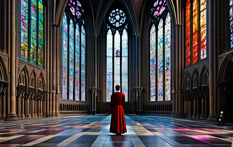 An awe-inspiring view inside a grand Gothic cathedral, featuring soaring, ribbed vaults and magnificent stained-glass rose windows. Ethereal light streams through the vibrant colored glass, casting intricate patterns on the ancient stone floor. A lone, modest figure, fully clothed in appropriate attire, stands respectfully in the vast nave, contemplating the sheer scale and beauty. The atmosphere is serene and contemplative. Professional photography, high resolution, detailed, perfect anatomy, correct proportions, natural pose, well-formed hands, proper finger count, natural body proportions, safe for work, appropriate content, family-friendly.