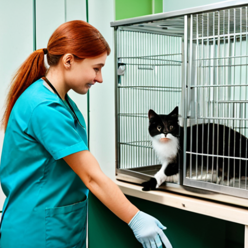 **

A dedicated veterinarian, fully clothed in professional scrubs, gently examining a rescued stray cat in a clean and modern animal shelter in Moscow. The shelter is bright and well-maintained, with other cats visible in the background. The veterinarian is showing compassion and care. Safe for work, appropriate content, fully clothed, professional, modest, family-friendly. Perfect anatomy, correct proportions, natural pose, well-formed hands, proper finger count, natural body proportions, professional photography, high quality.

**