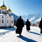 A Peaceful Monastery Scene**

"A serene view of a Russian Orthodox monastery nestled in a snowy, mountainous landscape, fully clothed monks walking in the courtyard, golden domes glistening in the sunlight, appropriate attire, safe for work, perfect anatomy, natural proportions, professional landscape photography, high quality, family-friendly."

**