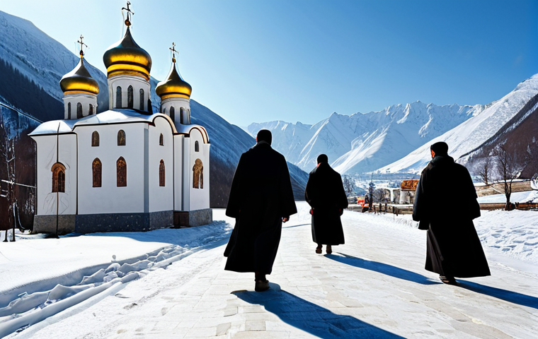 A Peaceful Monastery Scene**
"A serene view of a Russian Orthodox monastery nestled in a snowy, mountainous landscape, fully clothed monks walking in the courtyard, golden domes glistening in the sunlight, appropriate attire, safe for work, perfect anatomy, natural proportions, professional landscape photography, high quality, family-friendly."
**