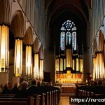 Home 12 가톨릭 교회 음악의 기원 - A serene interior of an ancient European Catholic cathedral during a solemn mass, featuring a divers...