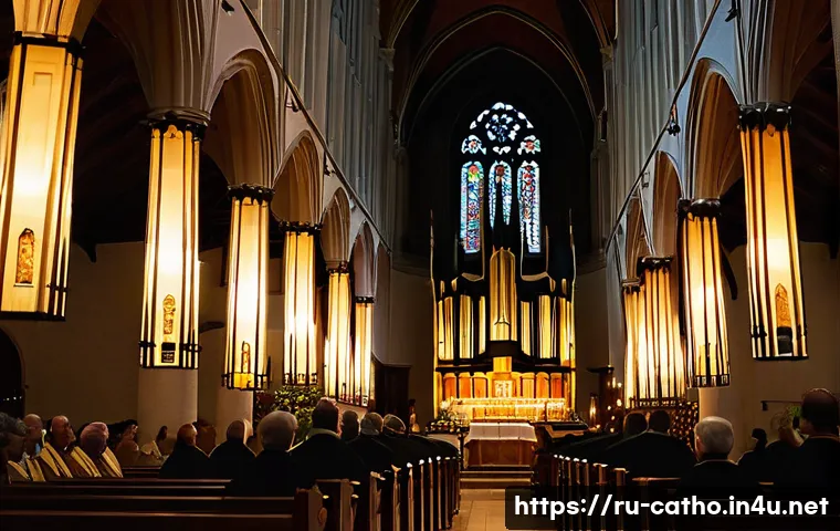 가톨릭 교회 음악의 기원 - A serene interior of an ancient European Catholic cathedral during a solemn mass, featuring a divers...