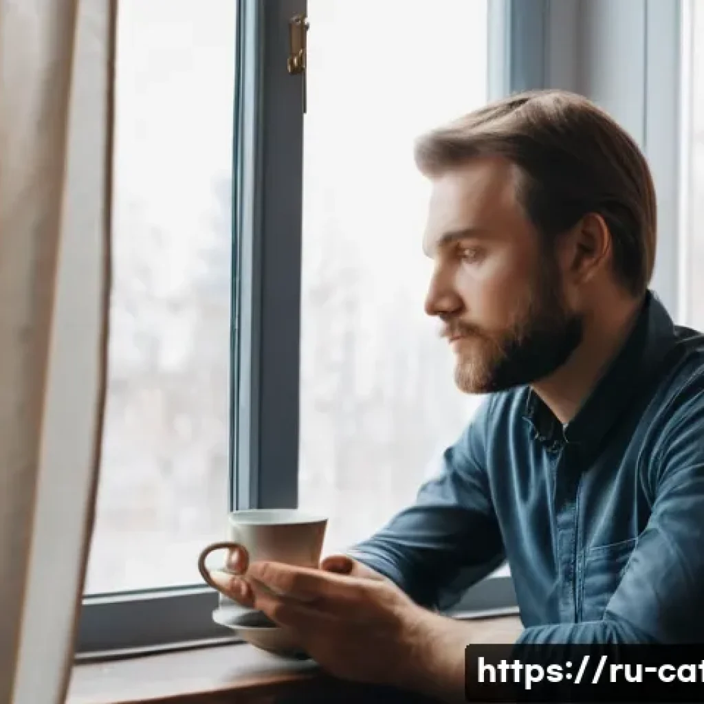 가톨릭의 십계명 해석 - A thoughtful Russian man in his 30s engaging in deep self-reflection at home, sitting by a window wi...