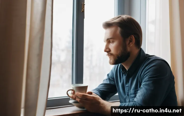 가톨릭의 십계명 해석 - A thoughtful Russian man in his 30s engaging in deep self-reflection at home, sitting by a window wi...