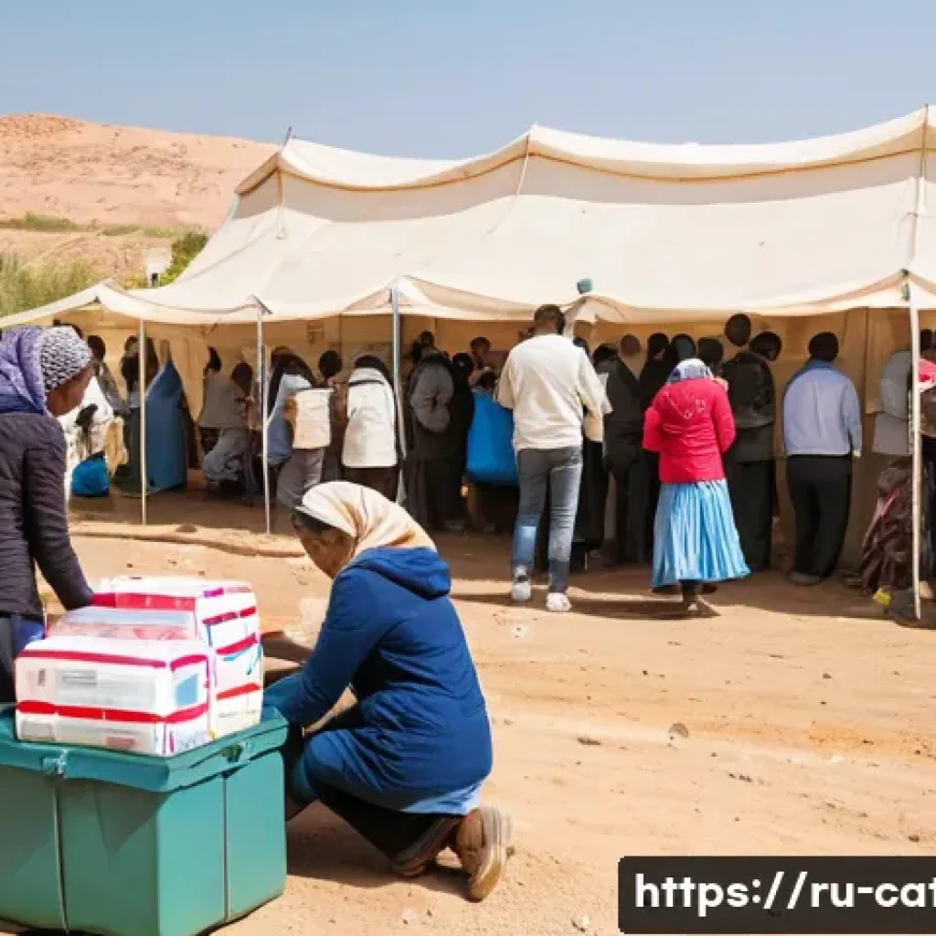 천주교와 국제 기구의 관계 - A compassionate scene of Catholic Church volunteers providing humanitarian aid to refugees in a cris...