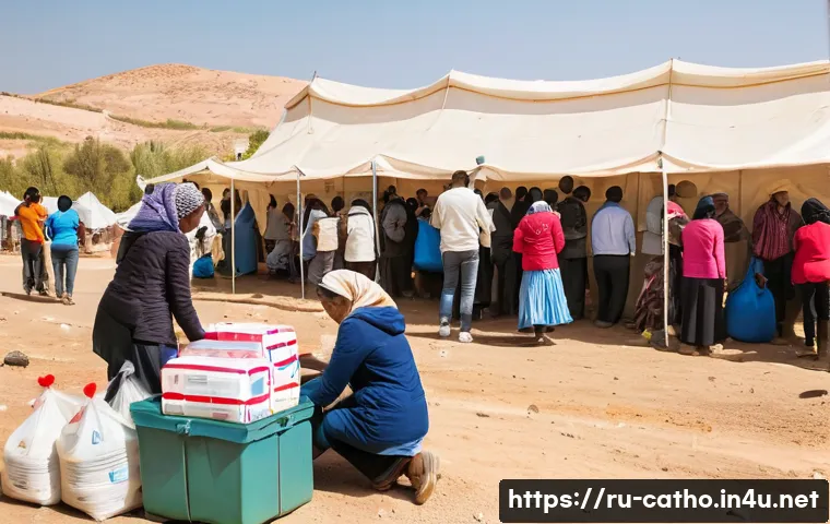 천주교와 국제 기구의 관계 - A compassionate scene of Catholic Church volunteers providing humanitarian aid to refugees in a cris...
