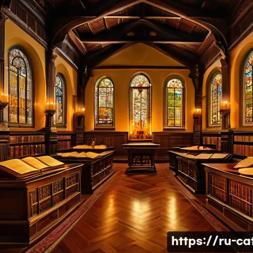 가톨릭 성경과 개신교 성경의 차이 - A detailed and richly textured illustration of an ancient library interior showcasing both Catholic ...