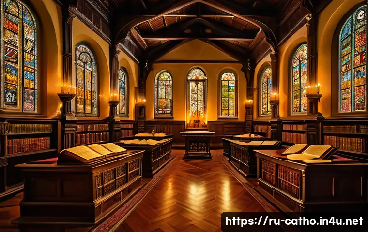가톨릭 성경과 개신교 성경의 차이 - A detailed and richly textured illustration of an ancient library interior showcasing both Catholic ...