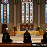 Home 22 기독교 연합 운동과 가톨릭 - A serene ecumenical gathering inside a grand cathedral blending Eastern Orthodox and Roman Catholic ...