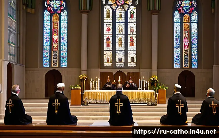 기독교 연합 운동과 가톨릭 - A serene ecumenical gathering inside a grand cathedral blending Eastern Orthodox and Roman Catholic ...