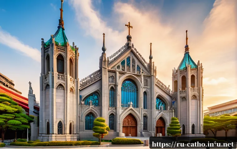 한국 가톨릭 교구와 주요 성당 - A majestic Gothic-style Catholic cathedral in Seoul during golden hour, featuring intricate stained ...