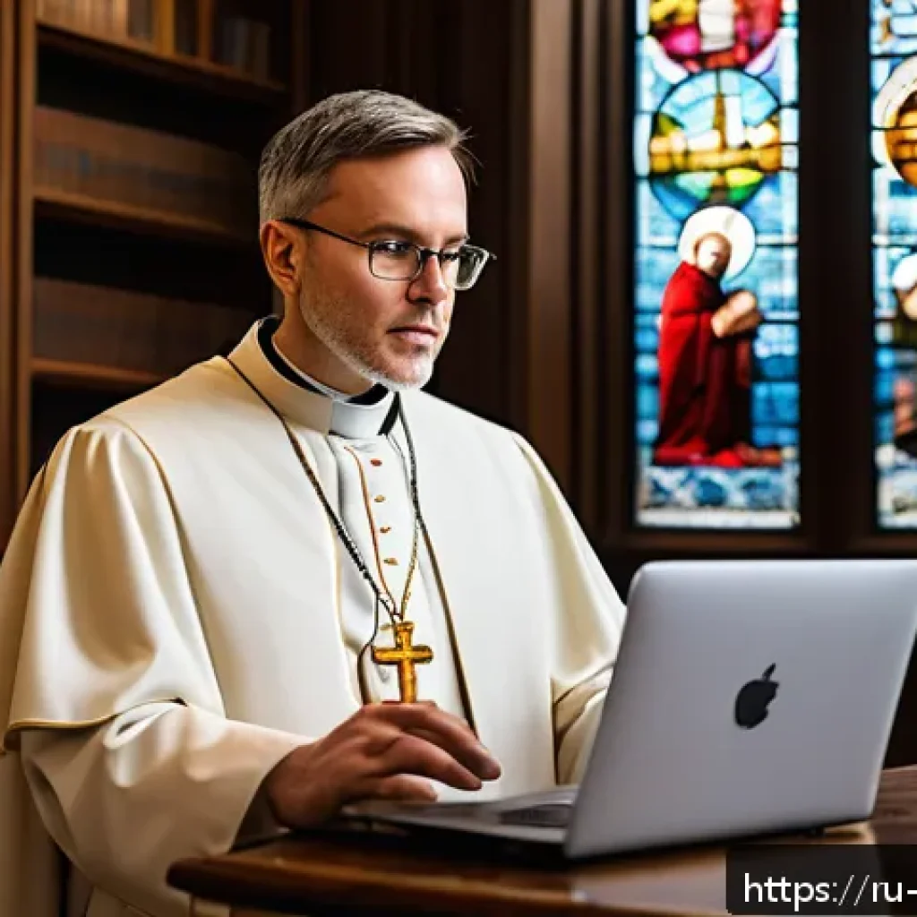 가톨릭과 현대 윤리 문제 - A modern Catholic priest delivering an online sermon via a laptop in a cozy, warmly lit church offic...