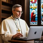 Home 20 가톨릭과 현대 윤리 문제 - A modern Catholic priest delivering an online sermon via a laptop in a cozy, warmly lit church offic...