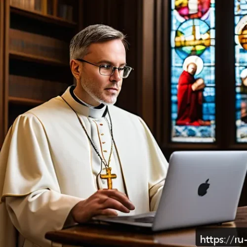 Home 32 가톨릭과 현대 윤리 문제 - A modern Catholic priest delivering an online sermon via a laptop in a cozy, warmly lit church offic...