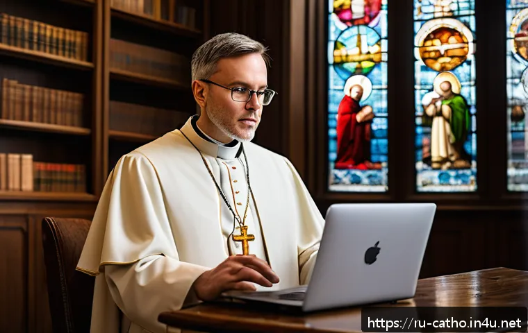 가톨릭과 현대 윤리 문제 - A modern Catholic priest delivering an online sermon via a laptop in a cozy, warmly lit church offic...