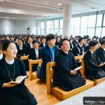 Home 19 한국 천주교 신부와 신자 통계 - A vibrant urban Catholic community gathering in Seoul, South Korea, featuring diverse young adults a...