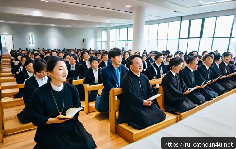 한국 천주교 신부와 신자 통계 - A vibrant urban Catholic community gathering in Seoul, South Korea, featuring diverse young adults a...