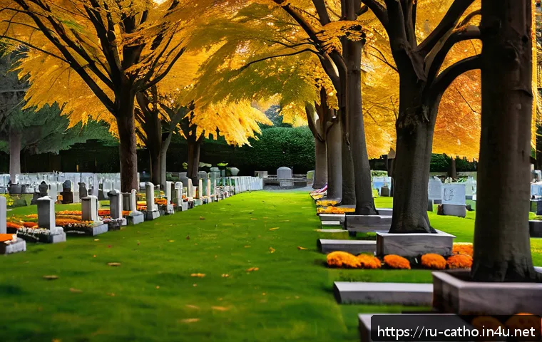 천주교 묘지 문화 - A serene Catholic cemetery scene in autumn, featuring rows of granite and marble tombstones with int...