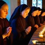 Home 23 카톨릭에서의 여성 수도자의 역할 - A serene scene inside a traditional Russian Orthodox female monastery chapel, showing a group of wom...