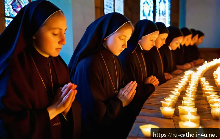 카톨릭에서의 여성 수도자의 역할 - A serene scene inside a traditional Russian Orthodox female monastery chapel, showing a group of wom...