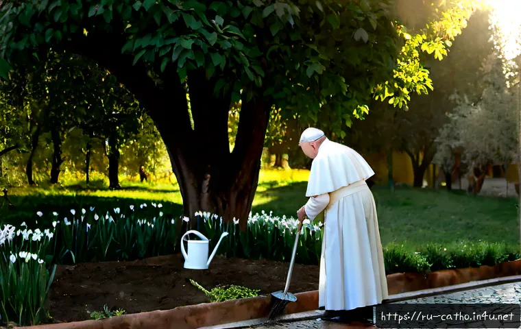 교황 프란치스코의 환경 보호 노력 - Photorealistic elderly Catholic leader in simple white ceremonial clothing, seen from behind in a pe...