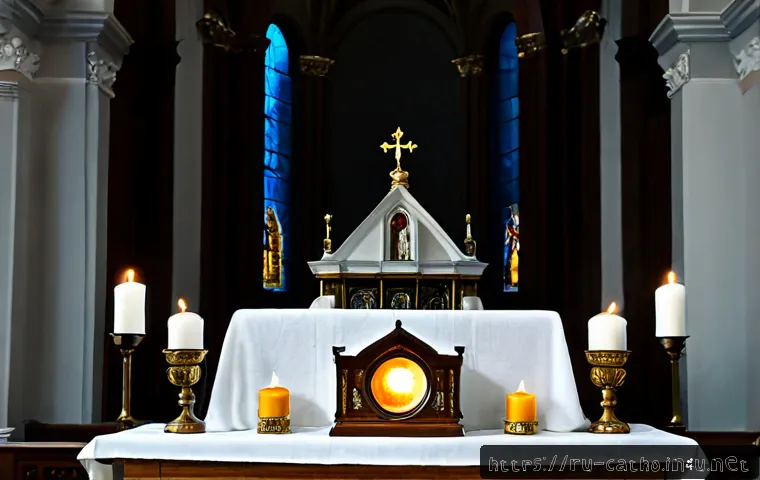 Home 17 가톨릭 성인들의 유해 보존 - Photorealistic interior of a historic Catholic chapel in Saint Petersburg, Russia, featuring a caref...