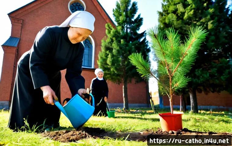 Home 17 카톨릭의 환경 보호 노력 - Photorealistic scene of Catholic parish volunteers in modest everyday clothing planting young pine t...