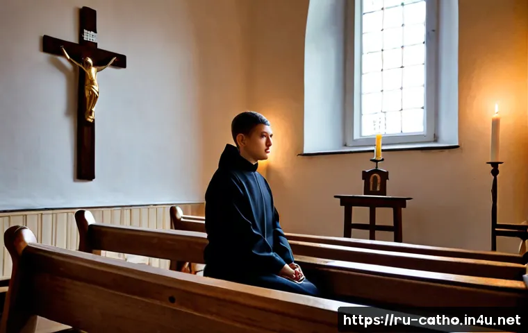 가톨릭의 묵상 전통 - Photorealistic quiet Catholic meditation scene in a modest historic chapel in Saint Petersburg, an a...